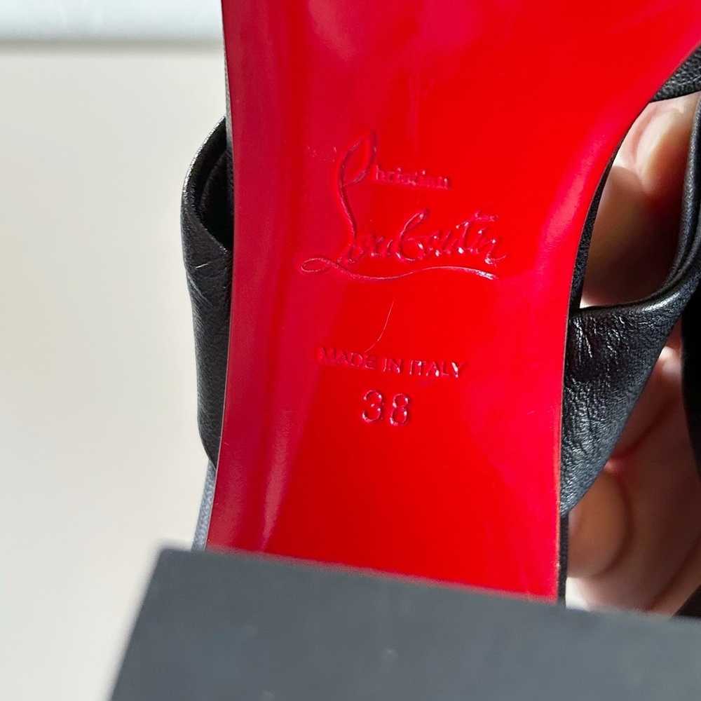 Christian Louboutin Black Leather Crisscross Block Heel Sandals with Red Sole - Picture 13 of 13